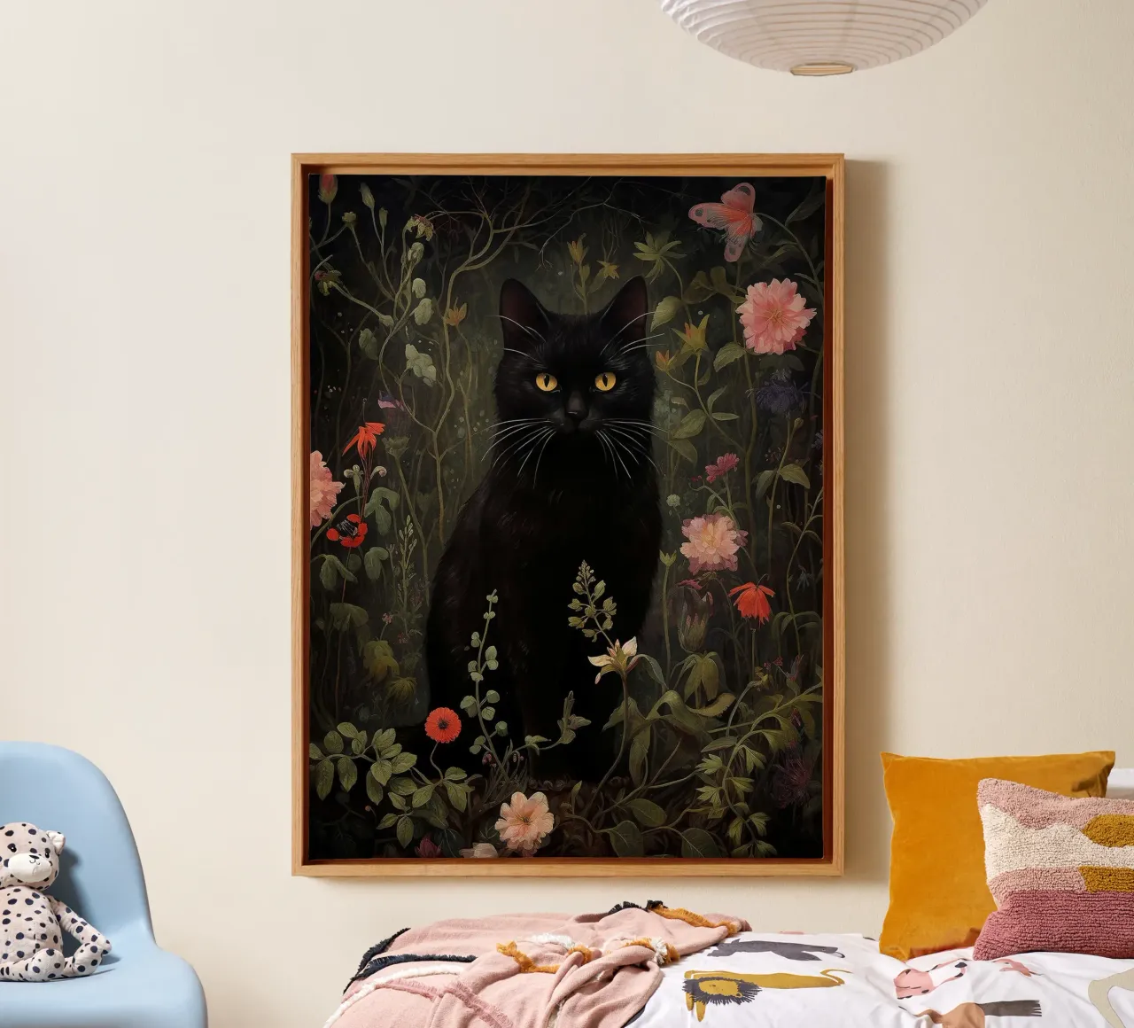 Gatto nero floreale tela con Cornice a cassetta da David Jackson