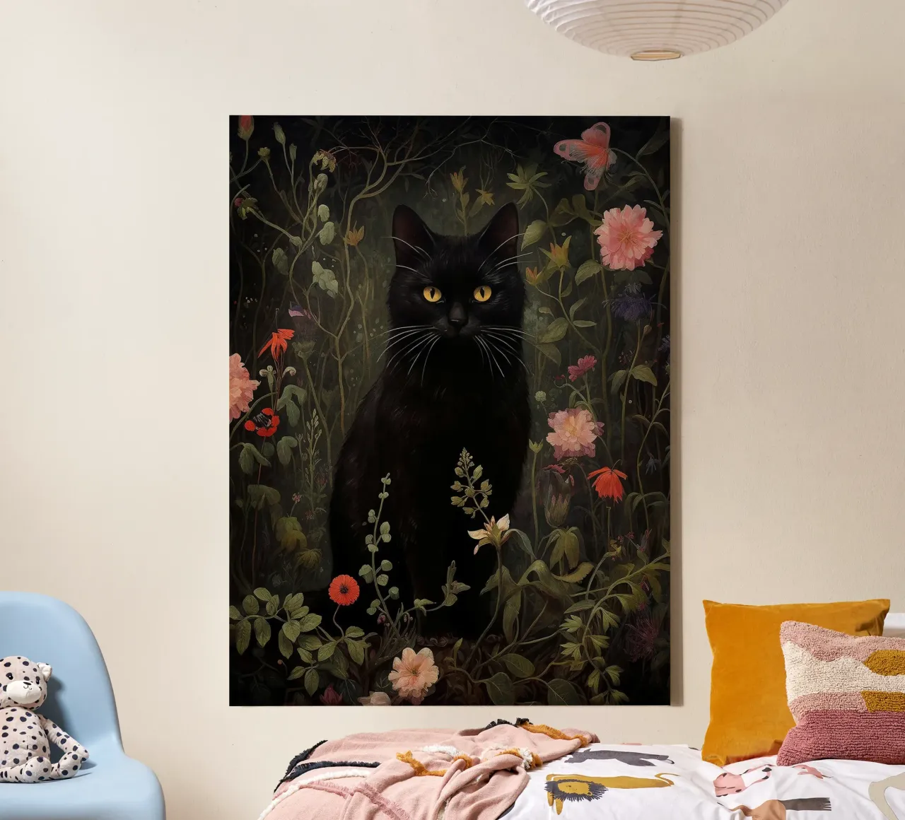 Gatto nero floreale tela con Cornice a cassetta da David Jackson