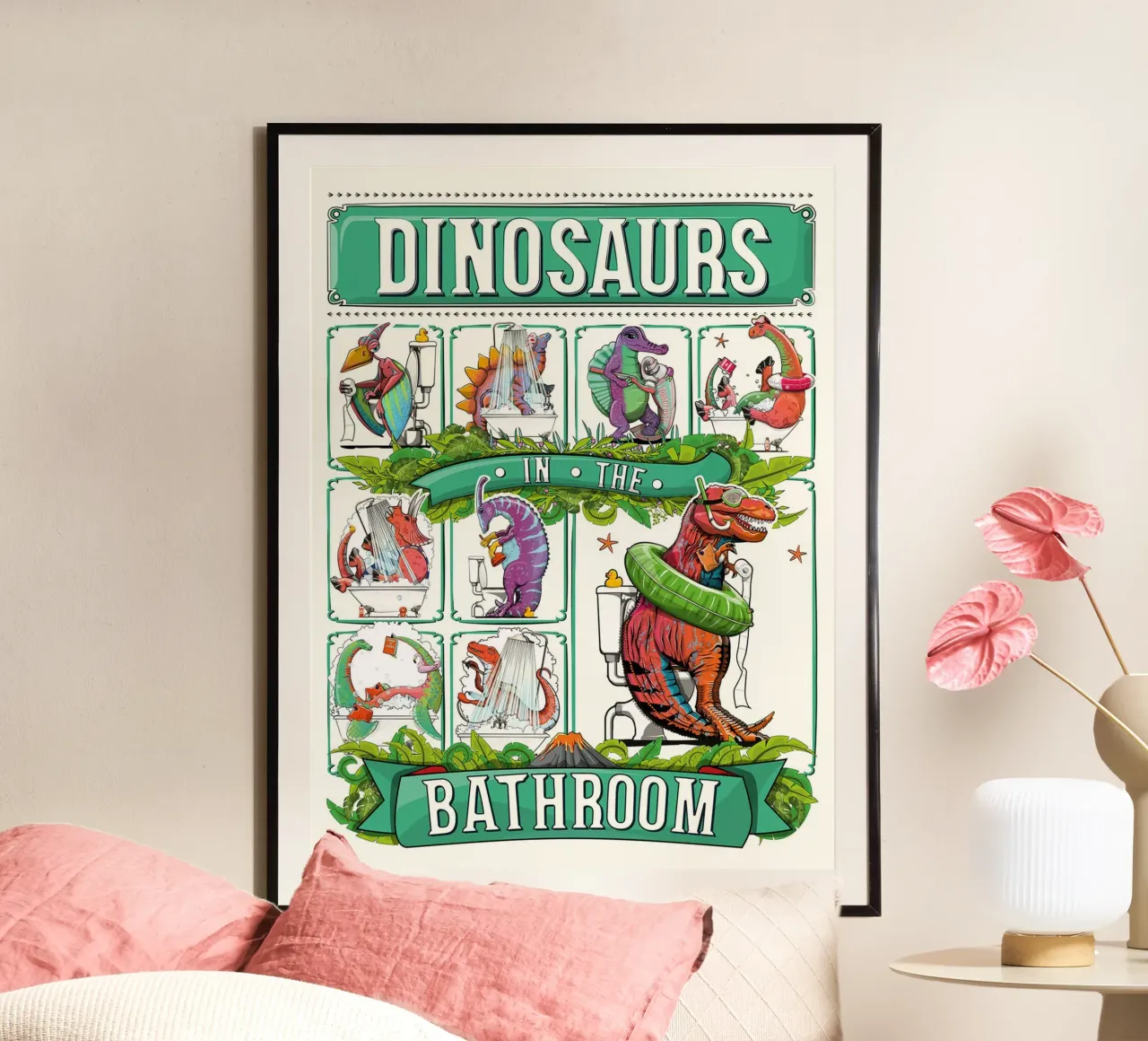 Dinosauri nel bagno l poster con telaio in legno da David Jackson