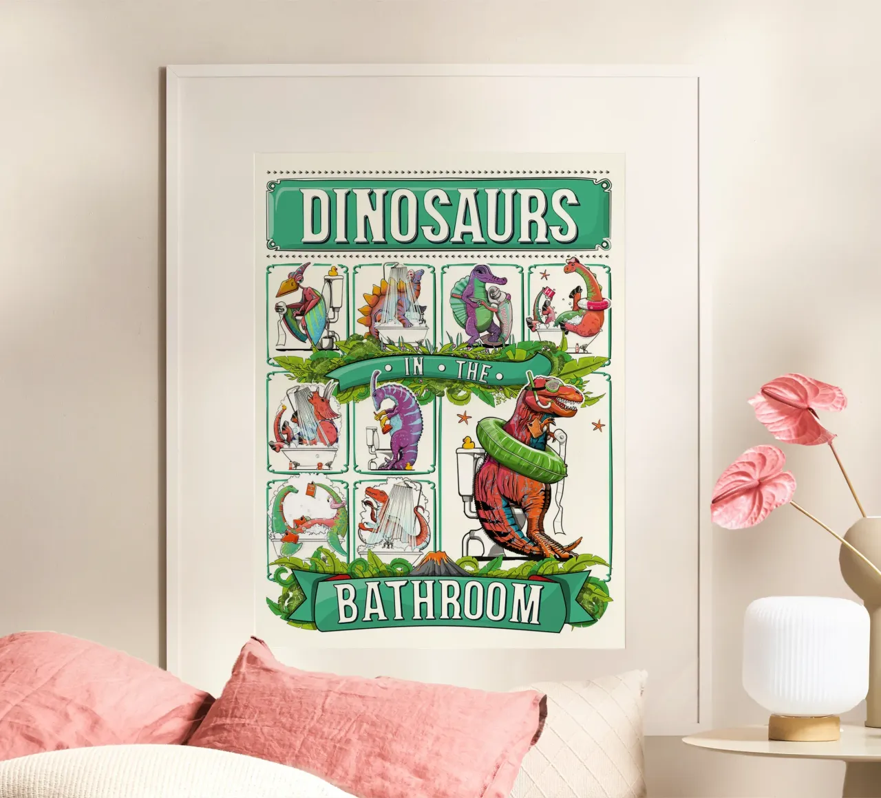 Dinosauri nel bagno l poster con telaio in legno da David Jackson