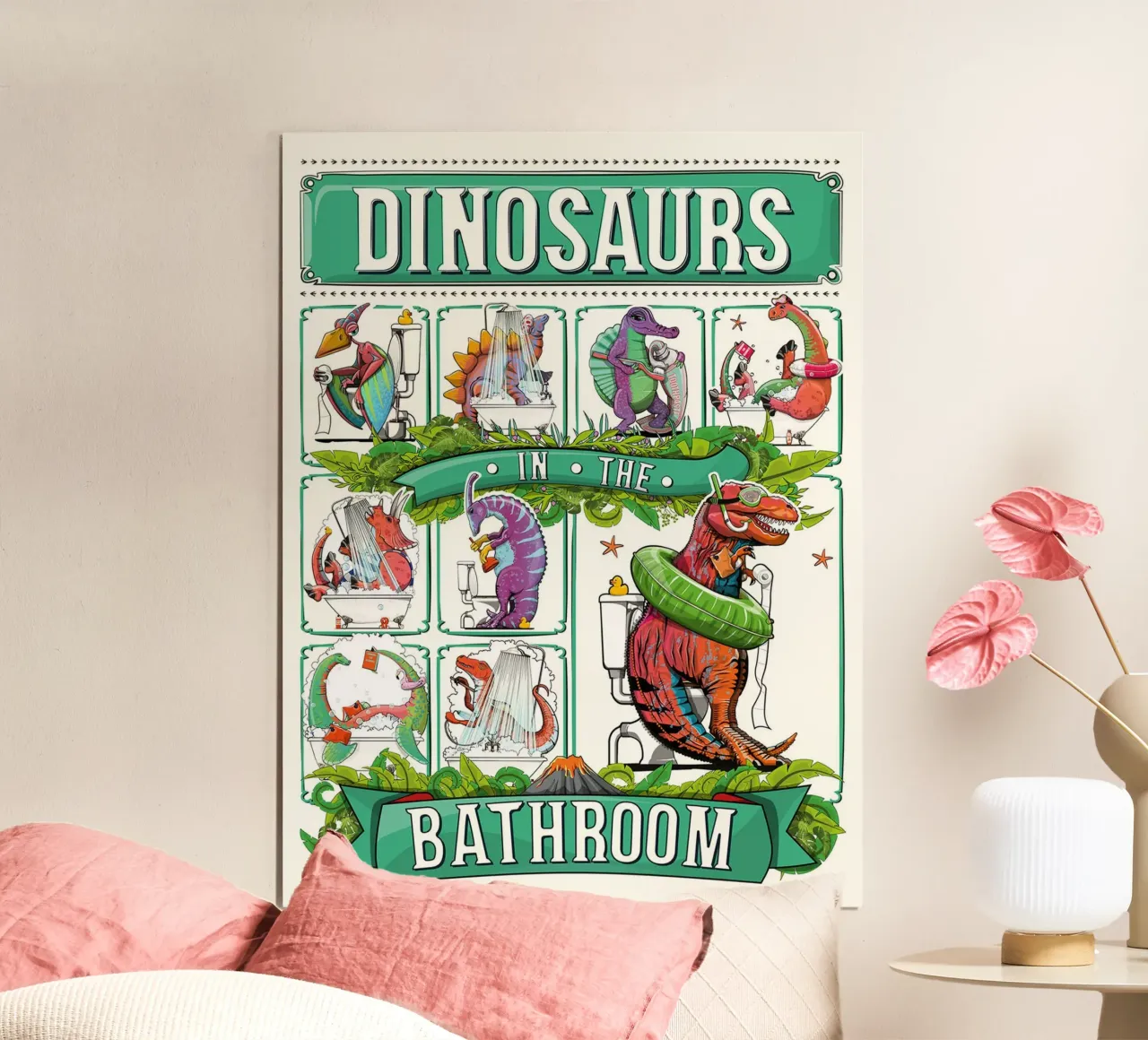 Dinosauri nel bagno l poster con telaio in legno da David Jackson