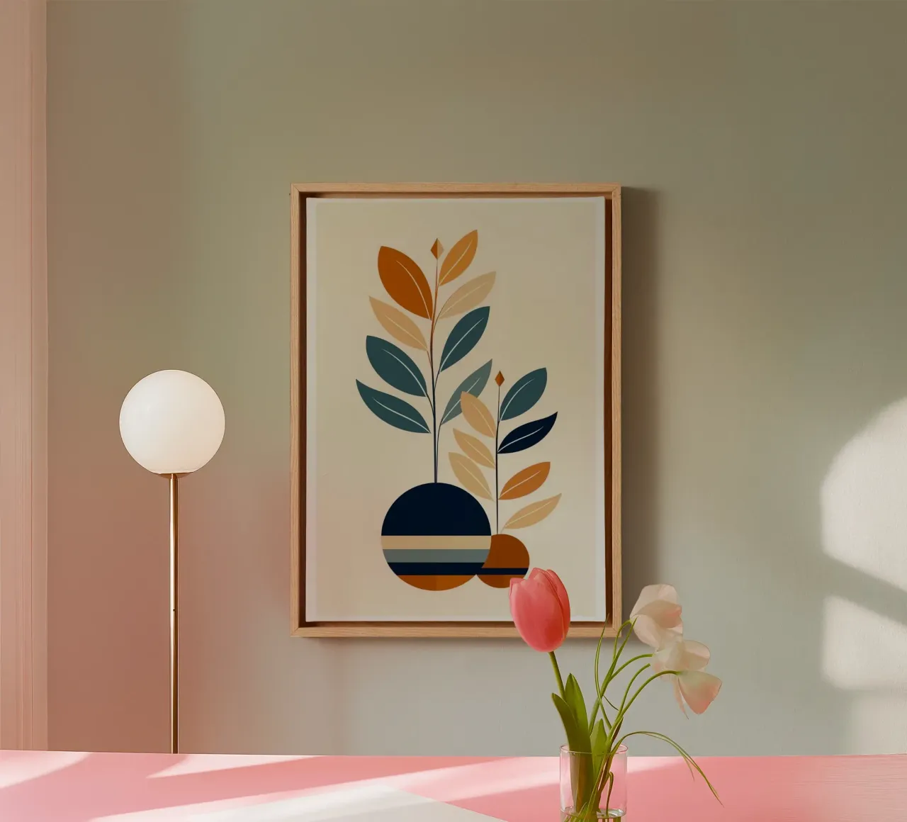 circle vase and branch canvas with Floater frame by firmana