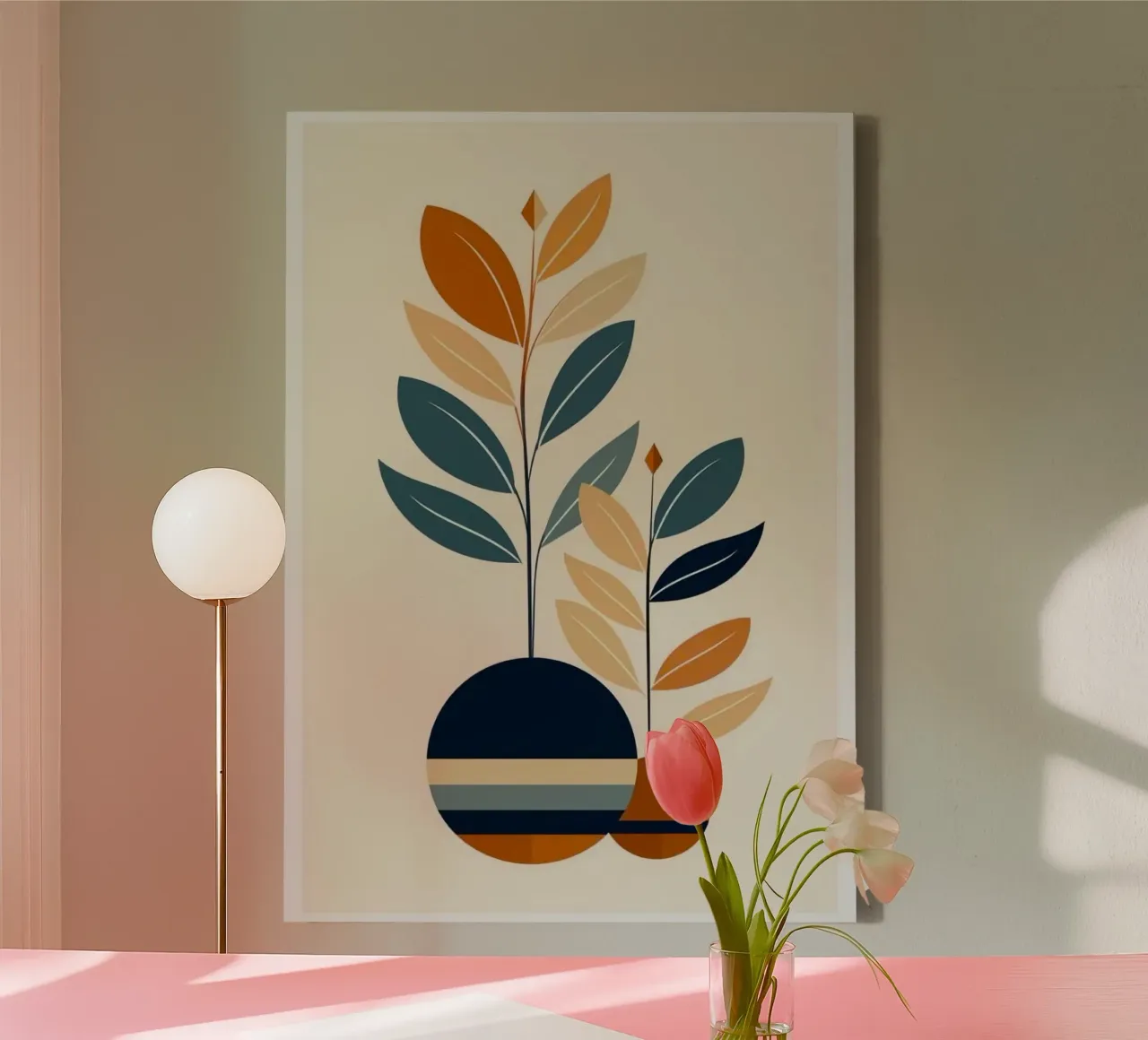 circle vase and branch canvas with Floater frame by firmana