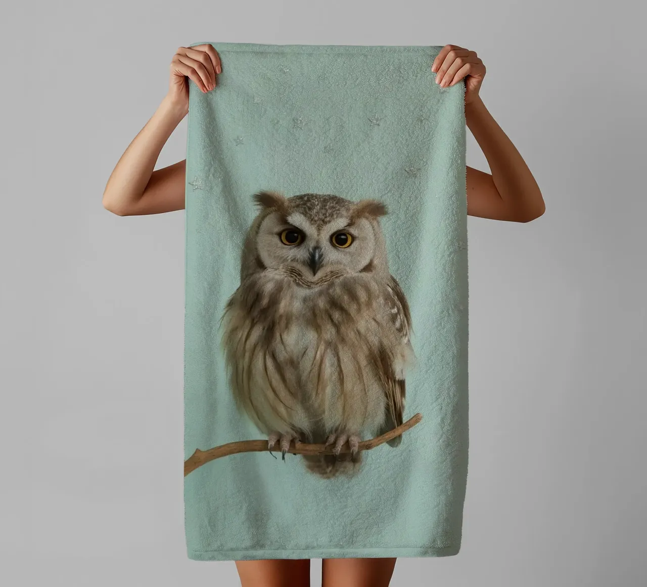 Owl Perched on Branch with Star Background towel by DesignDoodle