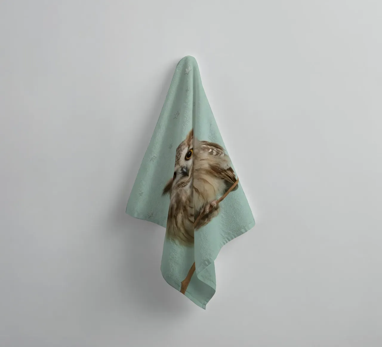 Owl Perched on Branch with Star Background towel by DesignDoodle