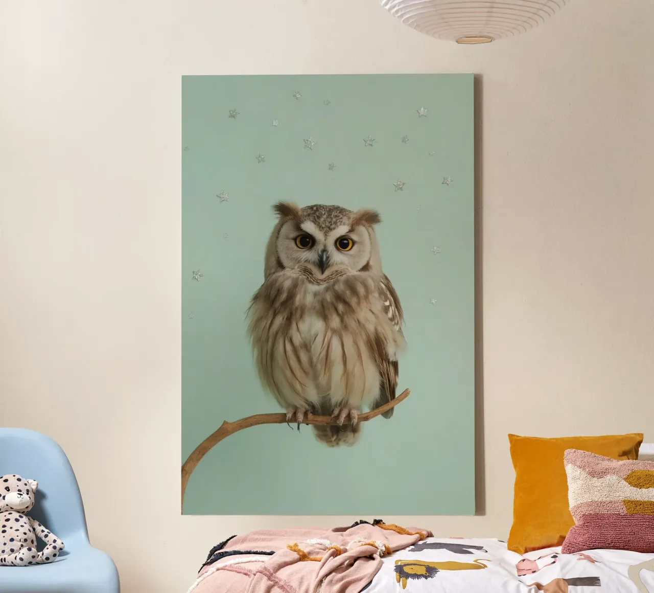 Owl Perched on Branch with Star Background canvas with Floater frame by DesignDoodle