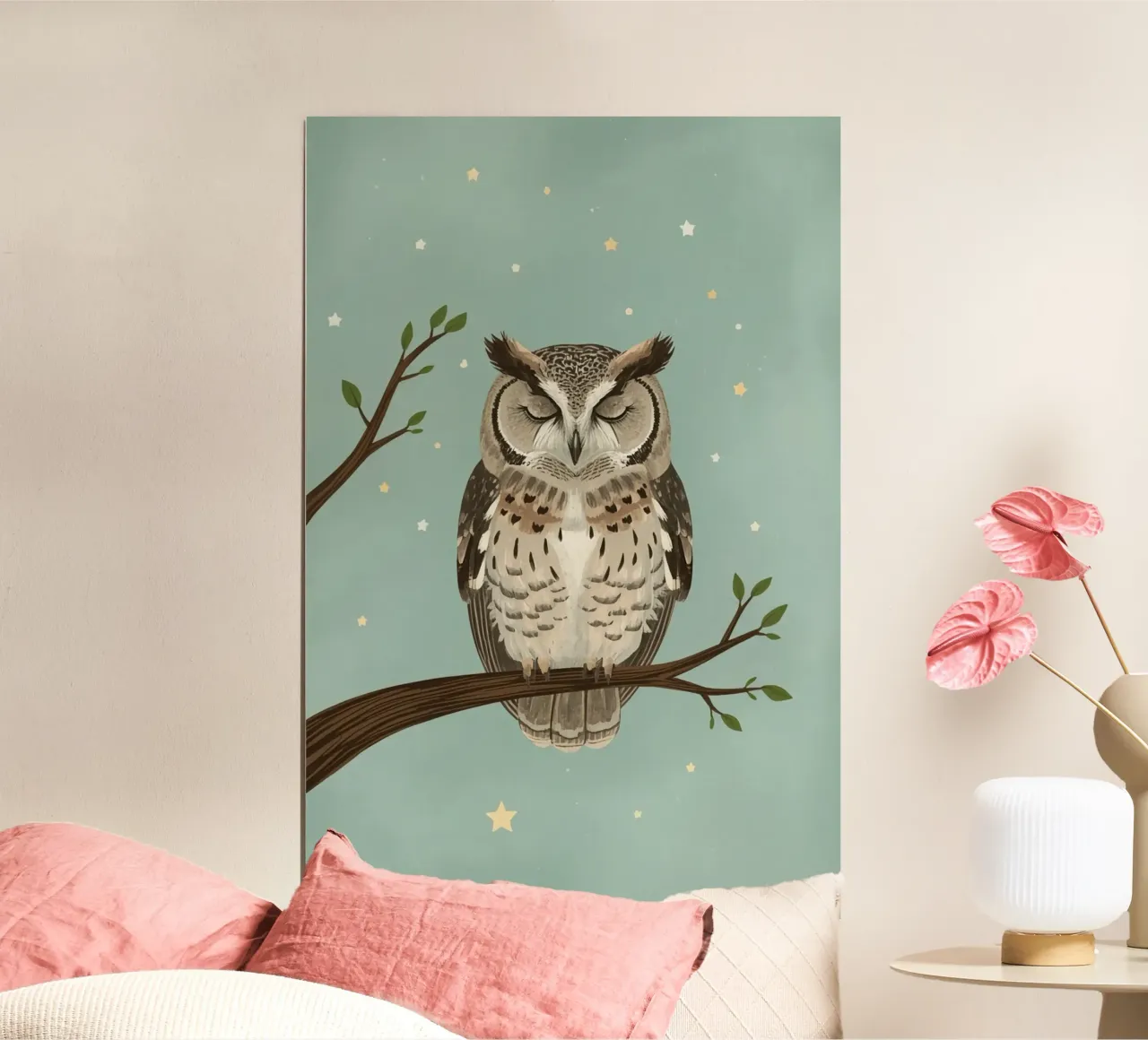 Gufo addormentato appollaiato su un ramo con stelle poster da DesignDoodle