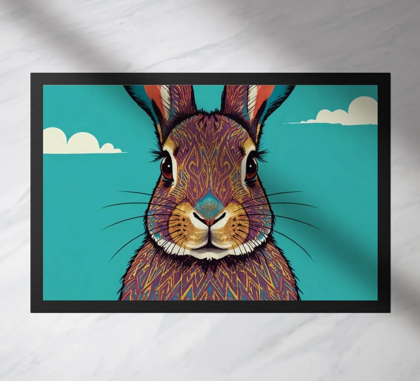 Patterned Rabbit Portrait with Blue Background doormat by DesignDoodle