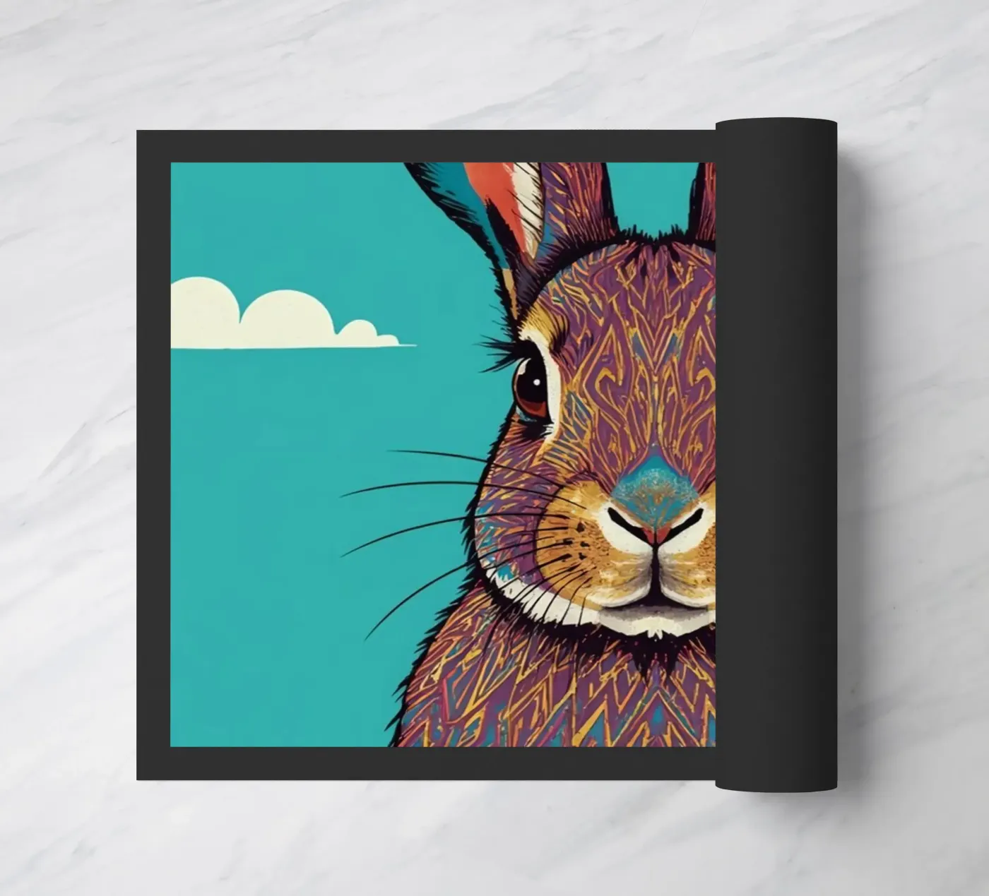 Patterned Rabbit Portrait with Blue Background doormat by DesignDoodle