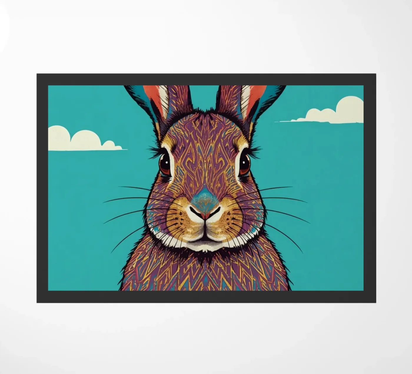 Patterned Rabbit Portrait with Blue Background doormat by DesignDoodle