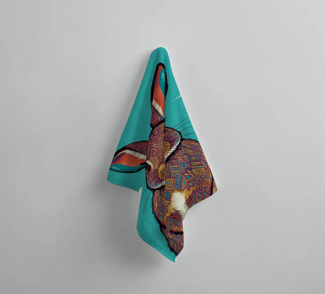 Patterned Rabbit Portrait with Blue Background towel by DesignDoodle