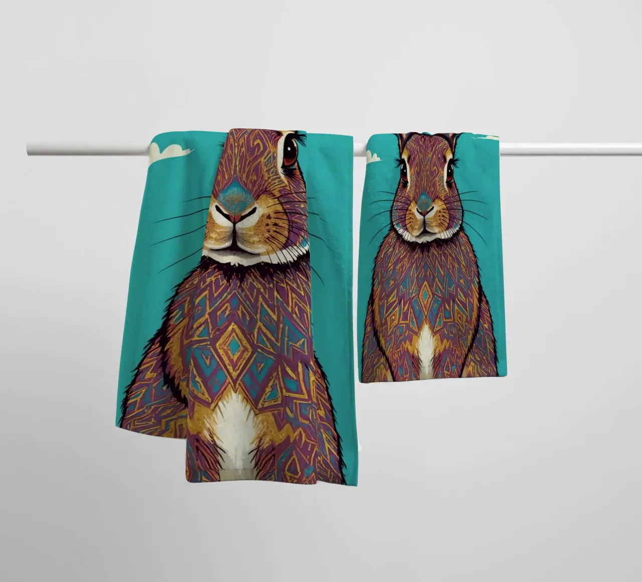 Patterned Rabbit Portrait with Blue Background towel by DesignDoodle