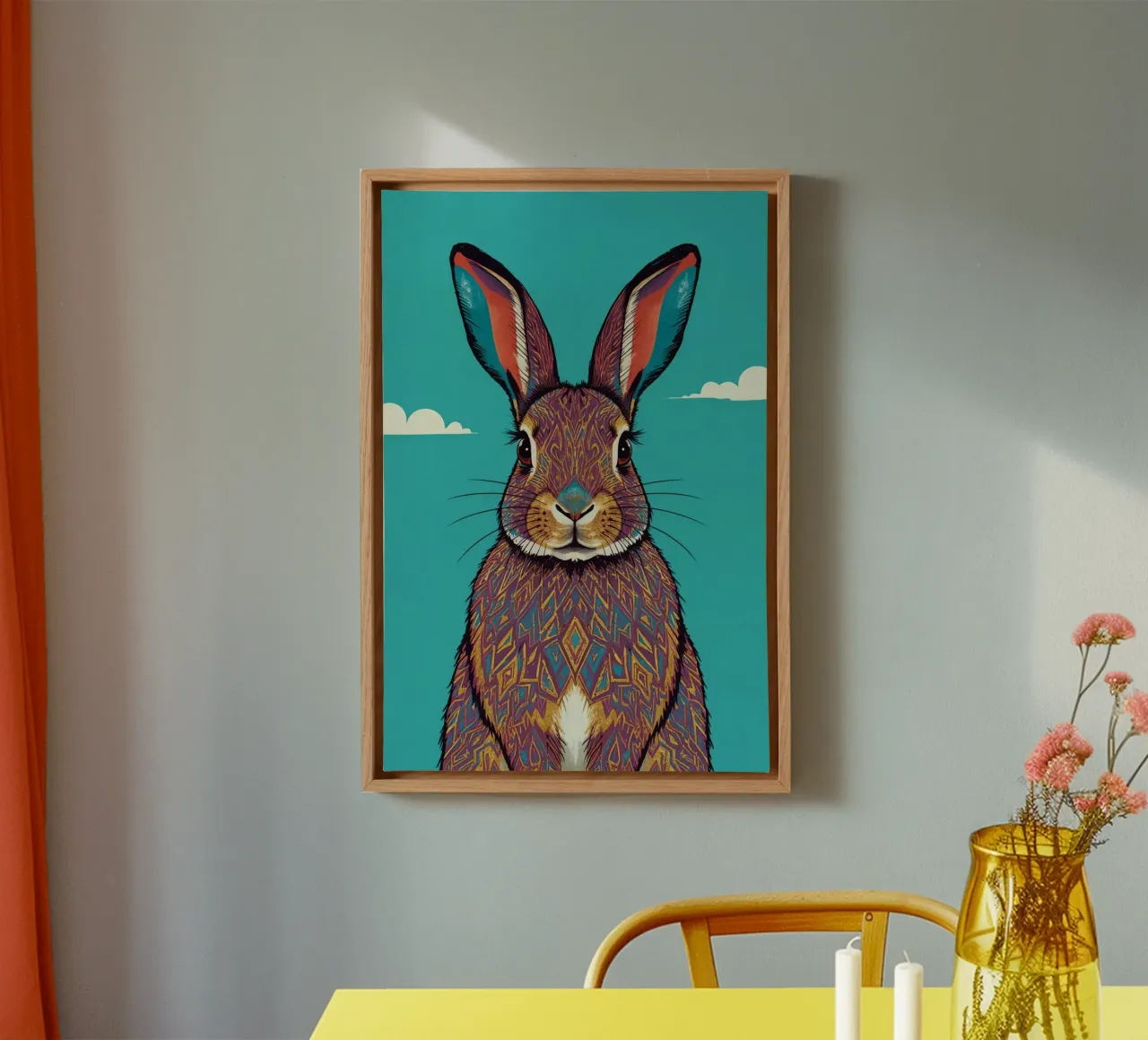 Patterned Rabbit Portrait with Blue Background canvas with Floater frame by DesignDoodle