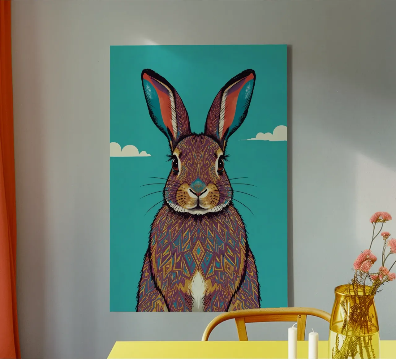 Patterned Rabbit Portrait with Blue Background canvas with Floater frame by DesignDoodle