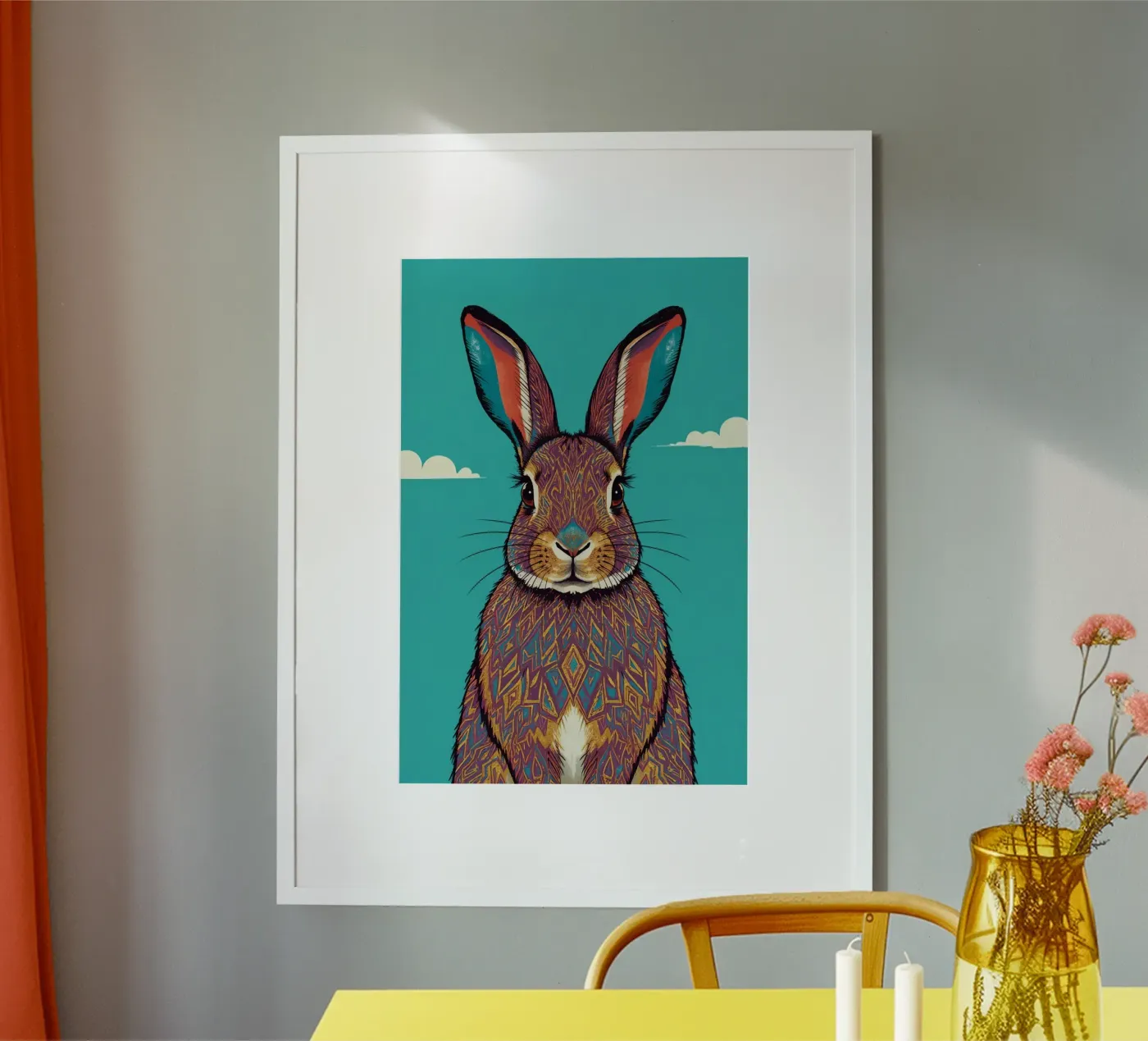 Patterned Rabbit Portrait with Blue Background poster by DesignDoodle