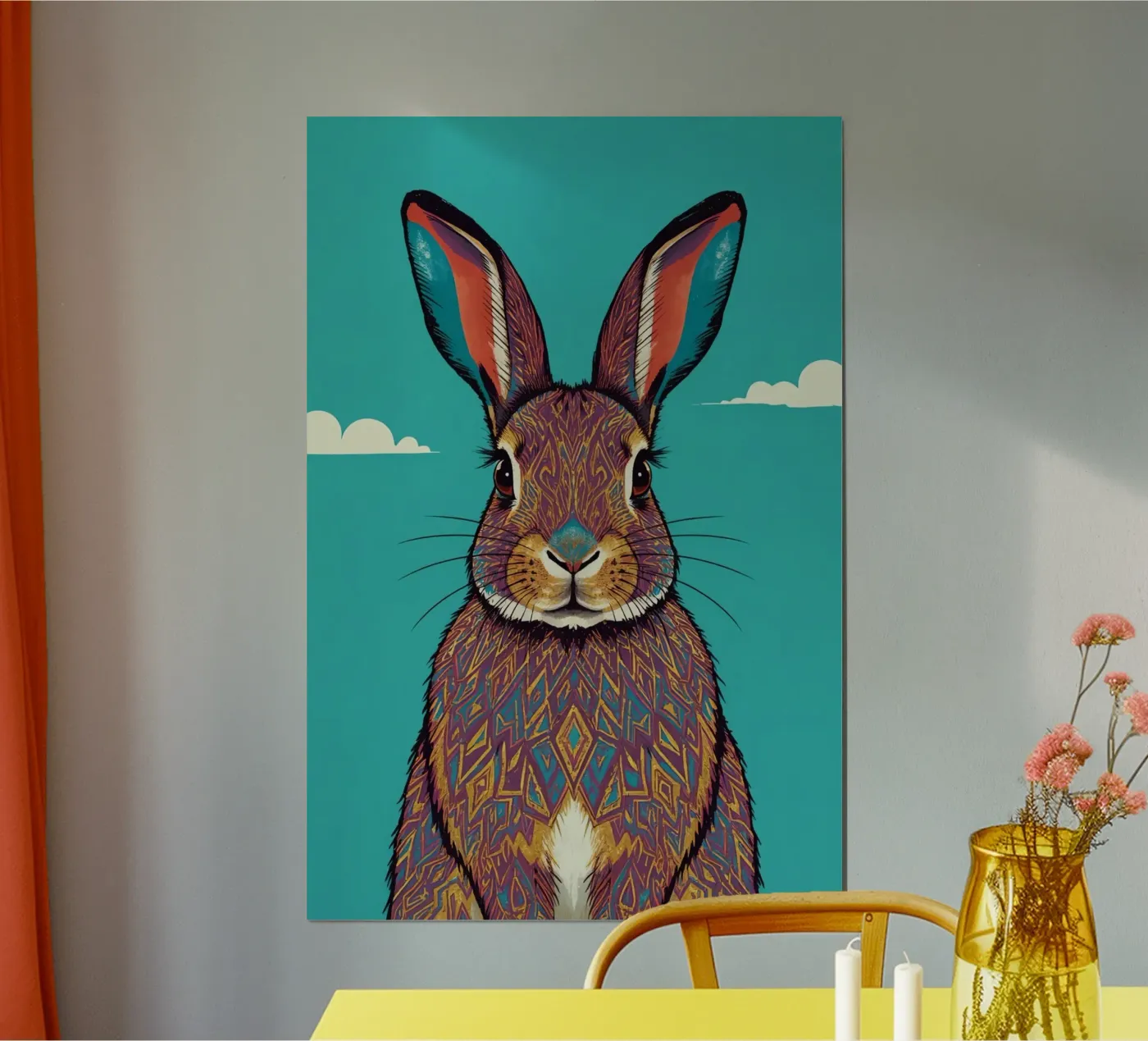 Patterned Rabbit Portrait with Blue Background poster by DesignDoodle