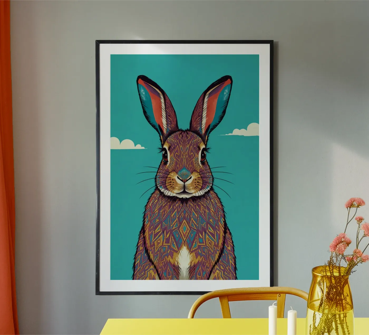 Patterned Rabbit Portrait with Blue Background poster by DesignDoodle