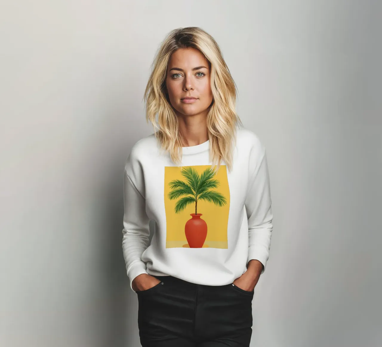 Palmier dans un vase rouge sur fond jaune sweat de DesignDoodle