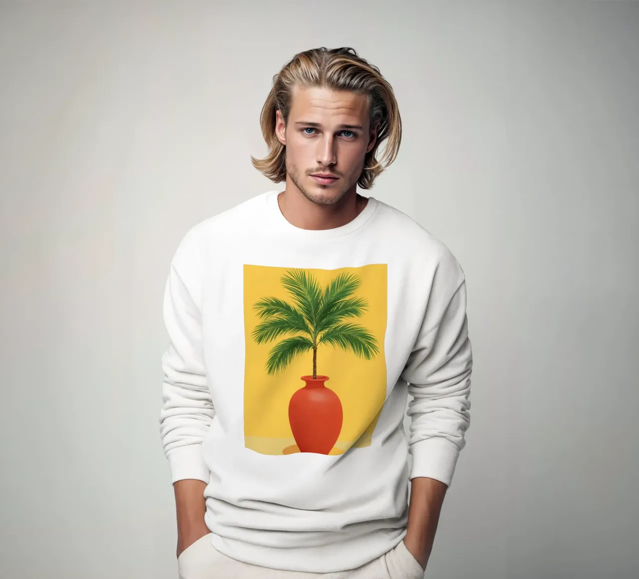 Palmier dans un vase rouge sur fond jaune sweat de DesignDoodle