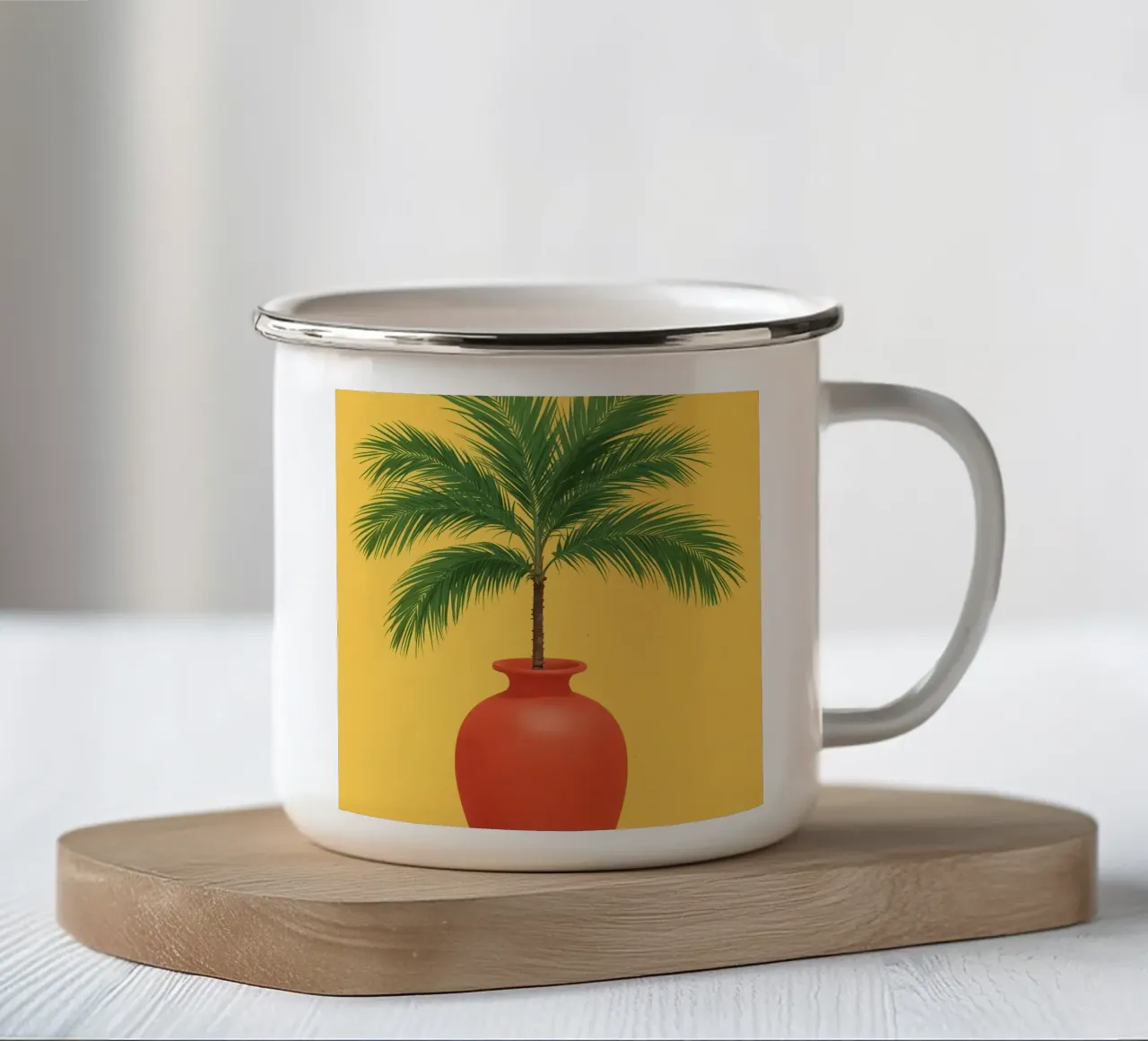 Palmier dans un vase rouge sur fond jaune mug en émail de DesignDoodle