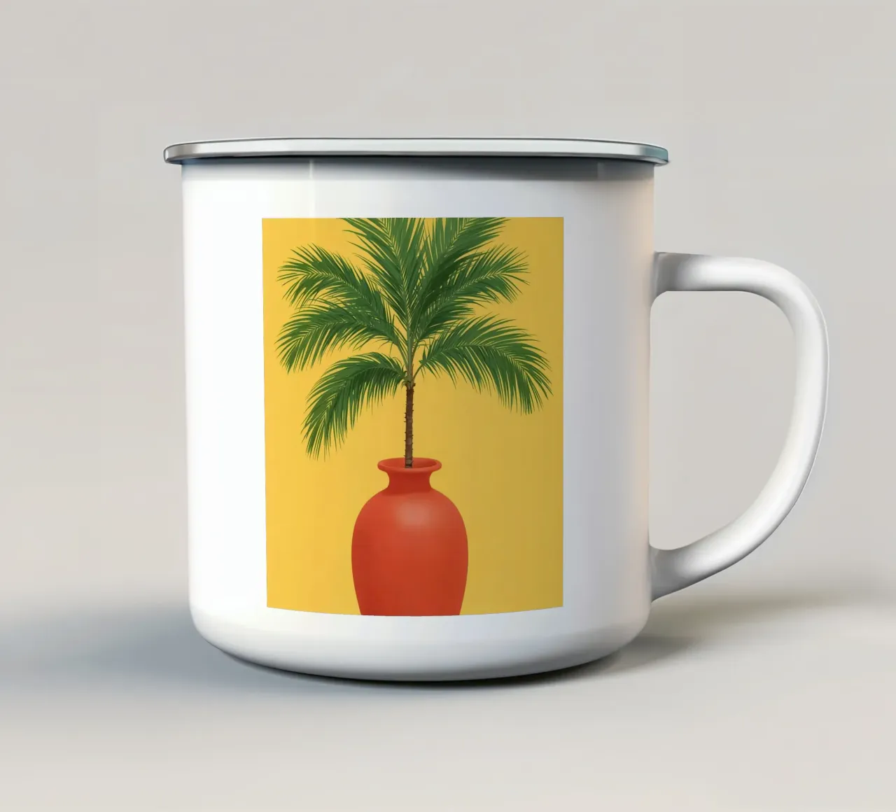 Palmier dans un vase rouge sur fond jaune mug en émail de DesignDoodle