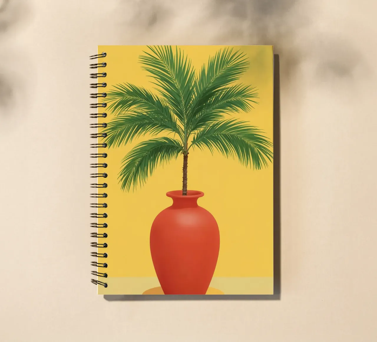 Palm Tree in Red Vase on Yellow Background spiral notebook by DesignDoodle