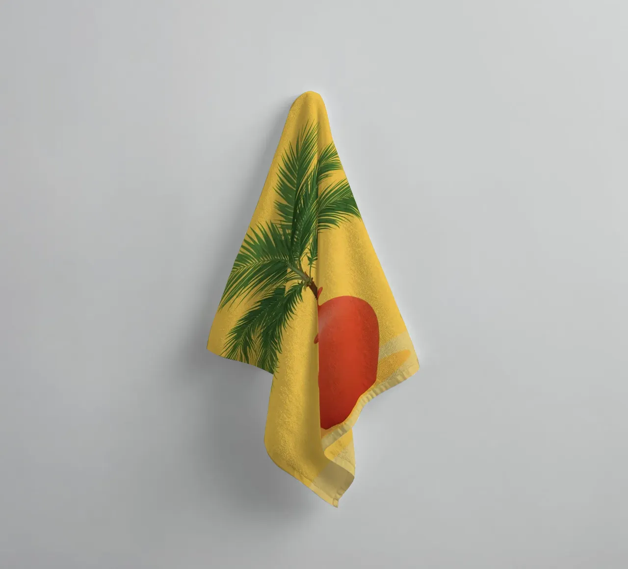 Palm Tree in Red Vase on Yellow Background towel by DesignDoodle