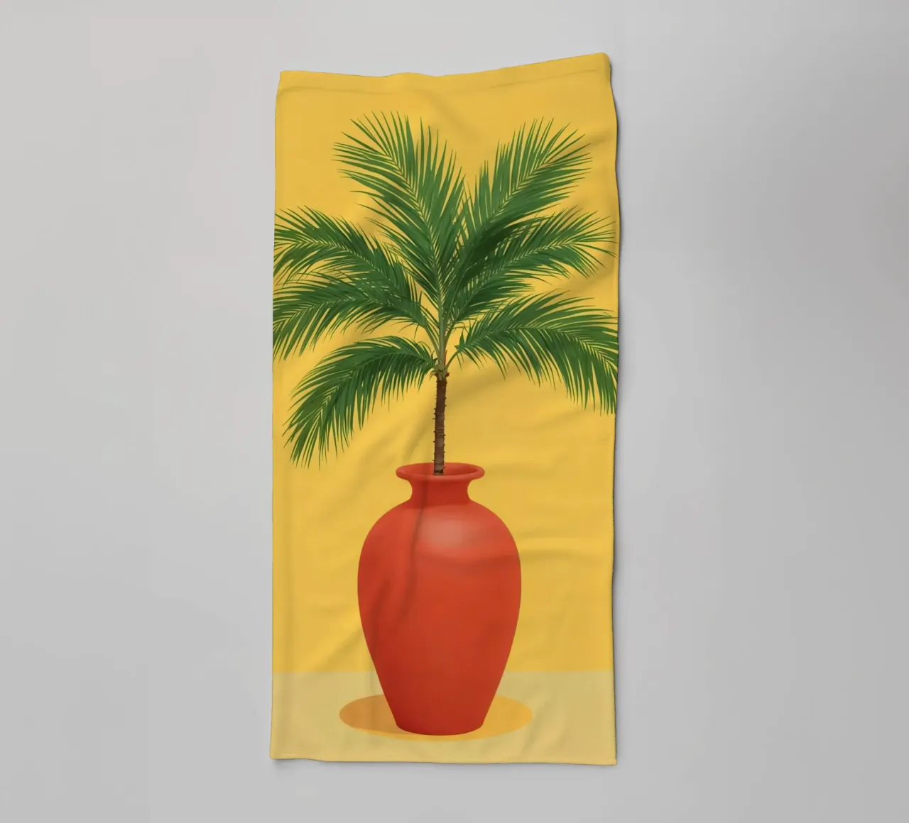 Palm Tree in Red Vase on Yellow Background towel by DesignDoodle