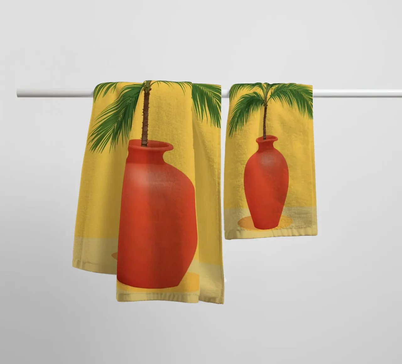Palm Tree in Red Vase on Yellow Background towel by DesignDoodle