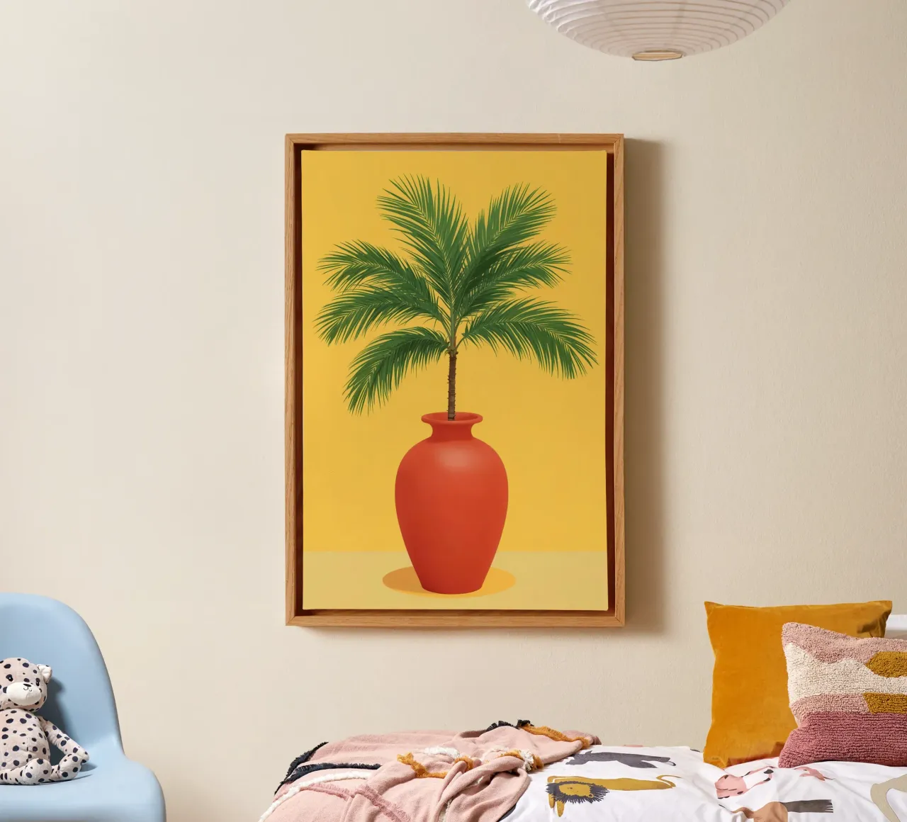 Palmboom in rode vaas op gele achtergrond canvas met Baklijst van DesignDoodle