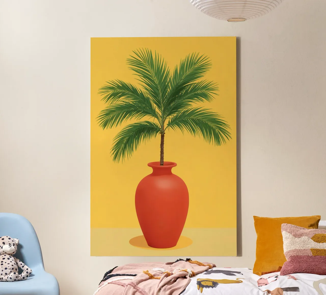 Palmboom in rode vaas op gele achtergrond canvas met Baklijst van DesignDoodle