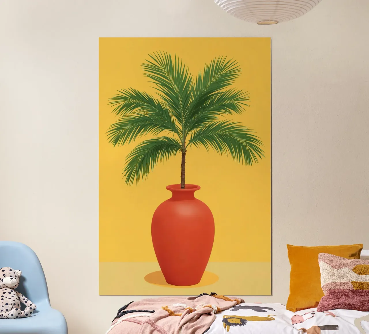 Palma in vaso rosso su sfondo giallo poster con telaio in alluminio da DesignDoodle