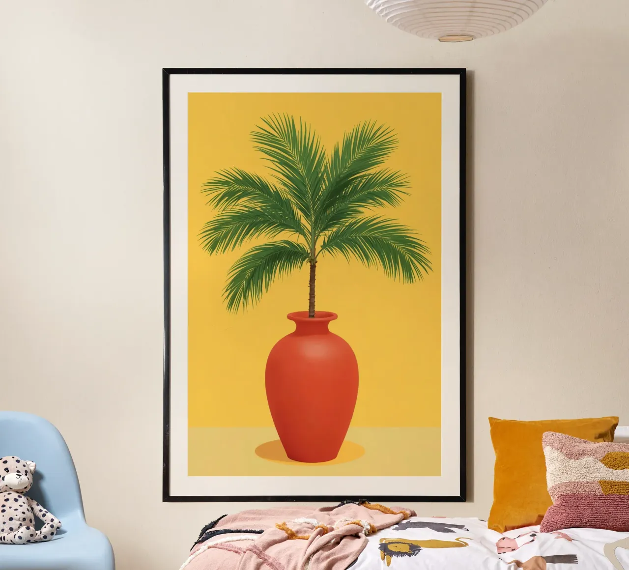 Palma in vaso rosso su sfondo giallo poster con telaio in alluminio da DesignDoodle