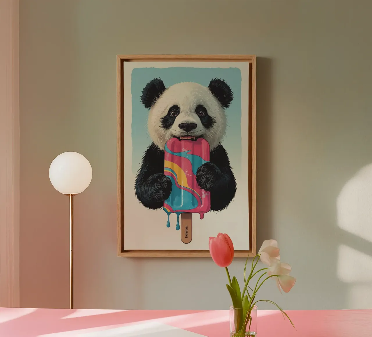 Panda Bear Biting Multi-Colored Popsicle canvas with Floater frame by DesignDoodle