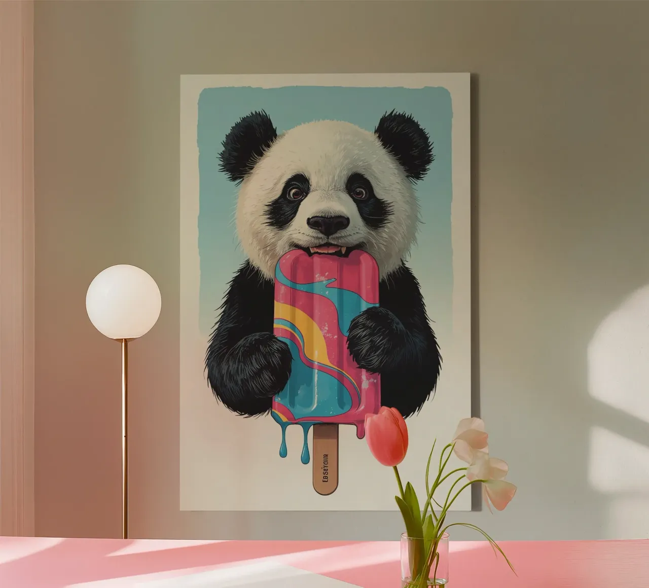 Panda Bear Biting Multi-Colored Popsicle canvas with Floater frame by DesignDoodle