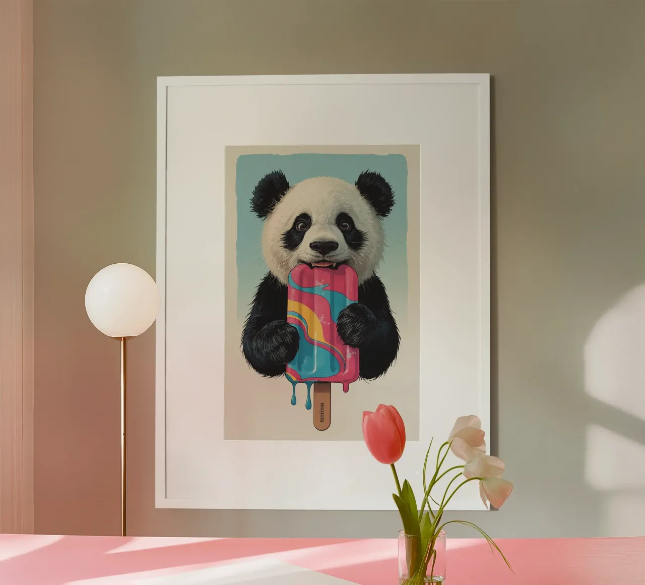 Orsetto panda che morde ghiaccioli multicolore poster da DesignDoodle