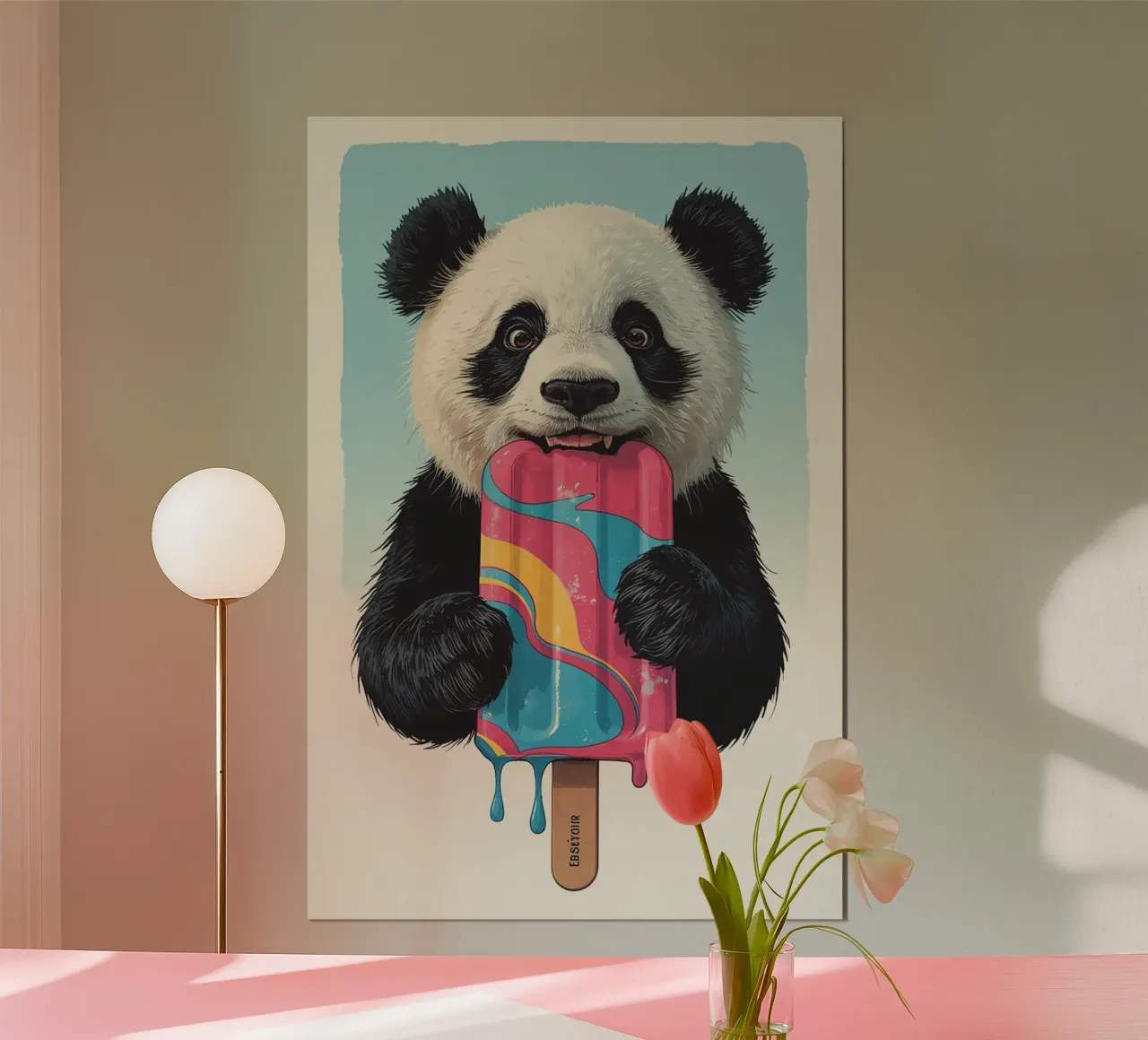 Orsetto panda che morde ghiaccioli multicolore poster da DesignDoodle