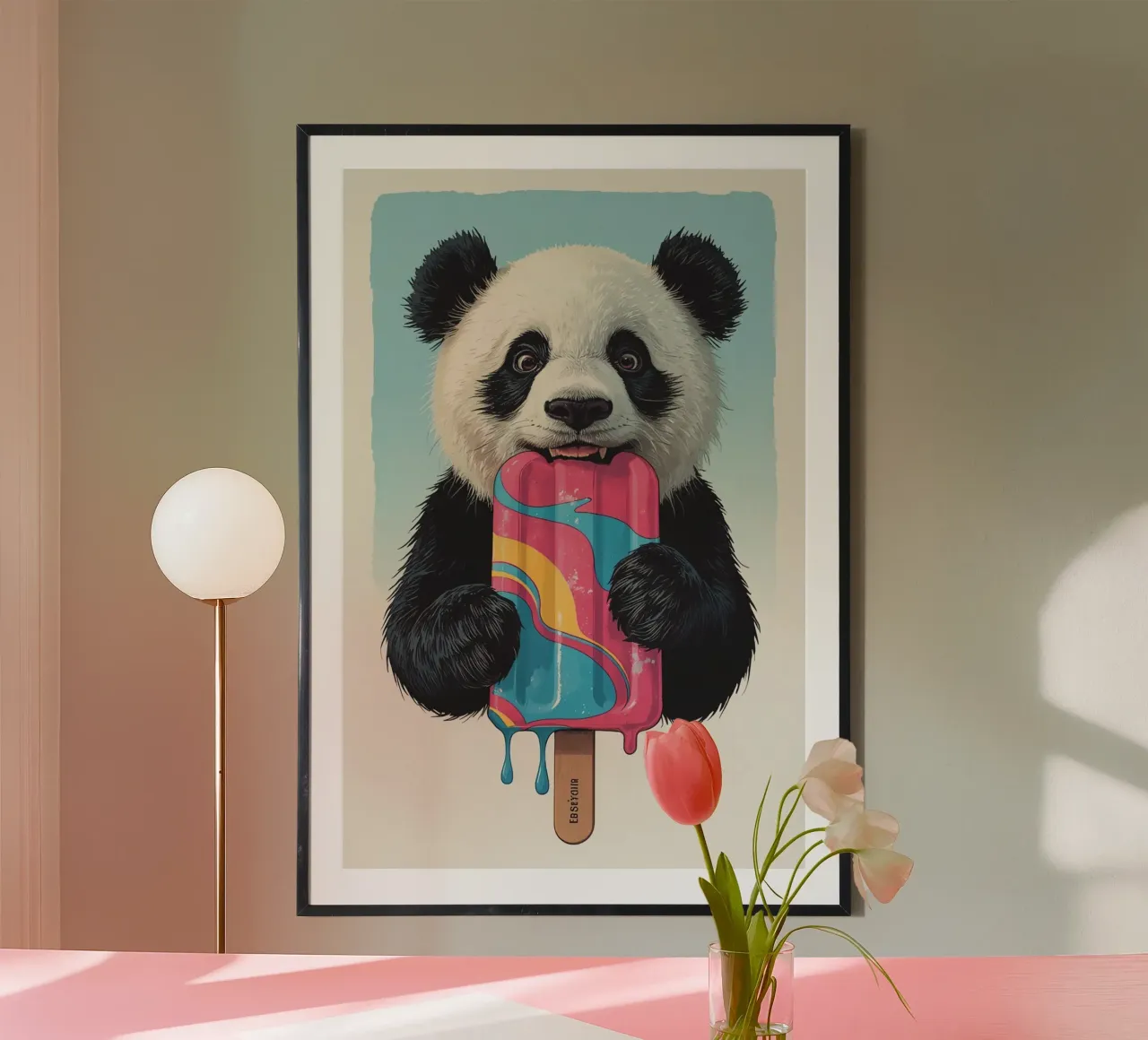 Orsetto panda che morde ghiaccioli multicolore poster da DesignDoodle