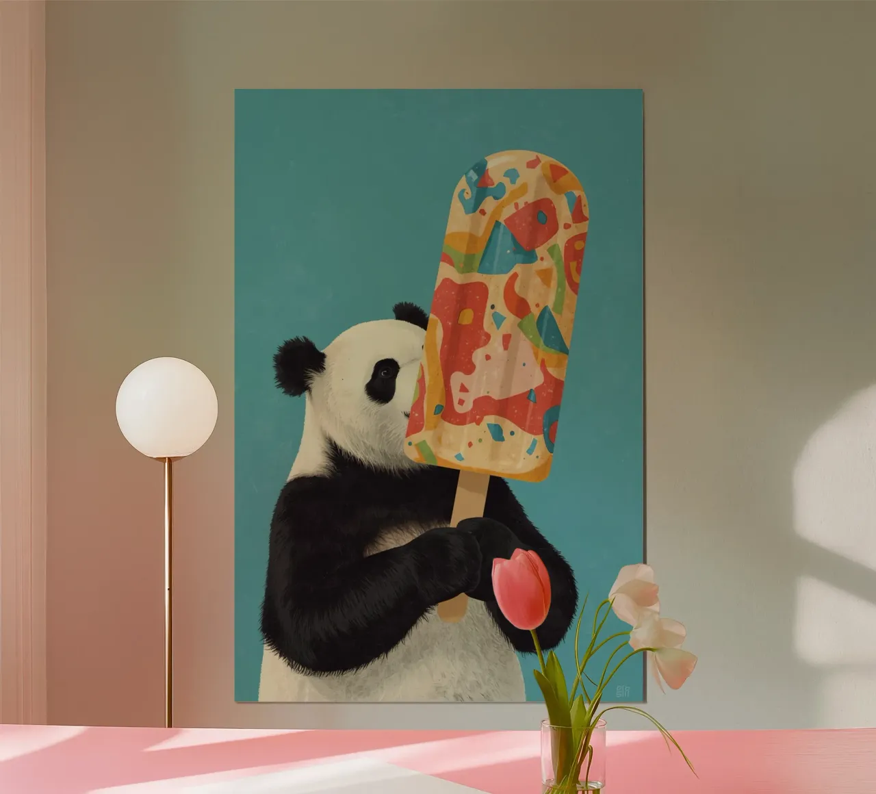 Panda che tiene in mano un grande ghiacciolo colorato poster con telaio in alluminio da DesignDoodle