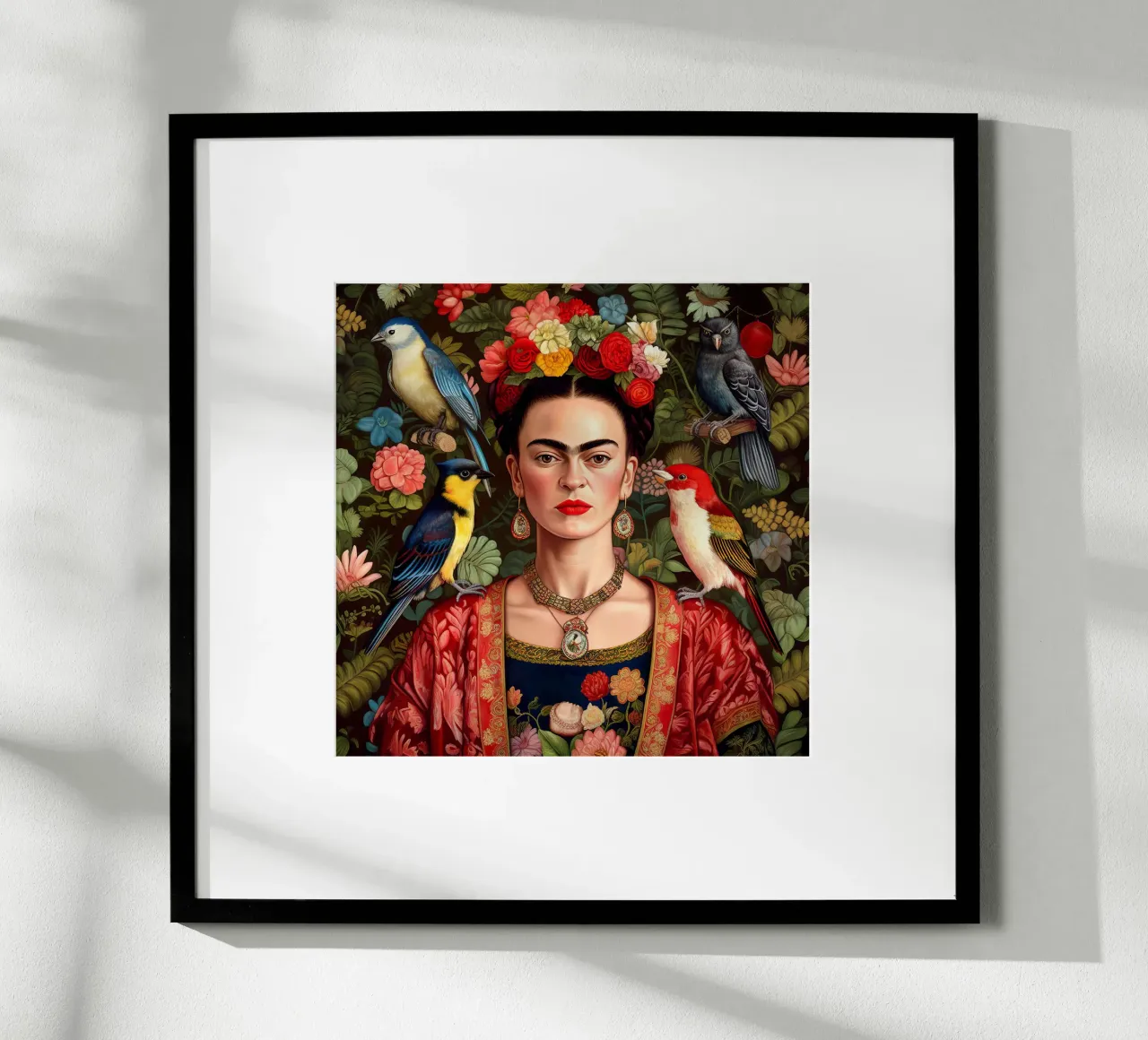 Frida Kahlo con uccelli esotici poster con telaio in legno da David Jackson