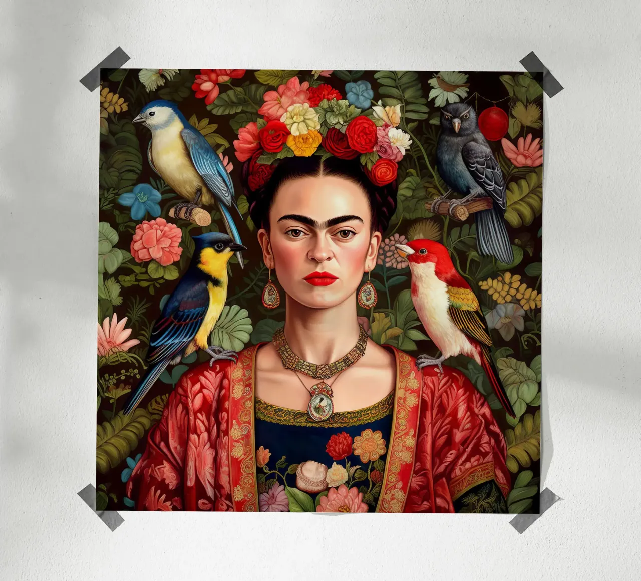 Frida Kahlo con uccelli esotici poster con telaio in legno da David Jackson