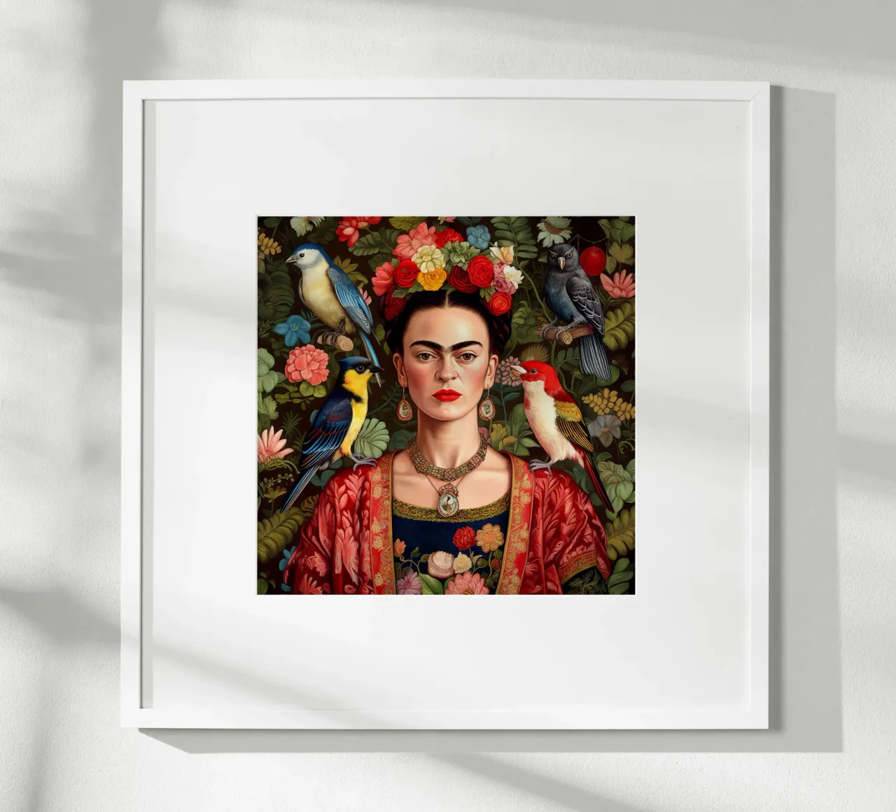 Frida Kahlo con uccelli esotici poster con telaio in legno da David Jackson