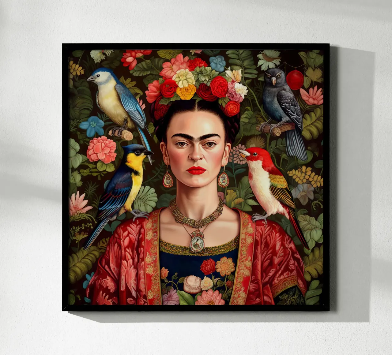 Frida Kahlo con uccelli esotici poster con telaio in legno da David Jackson