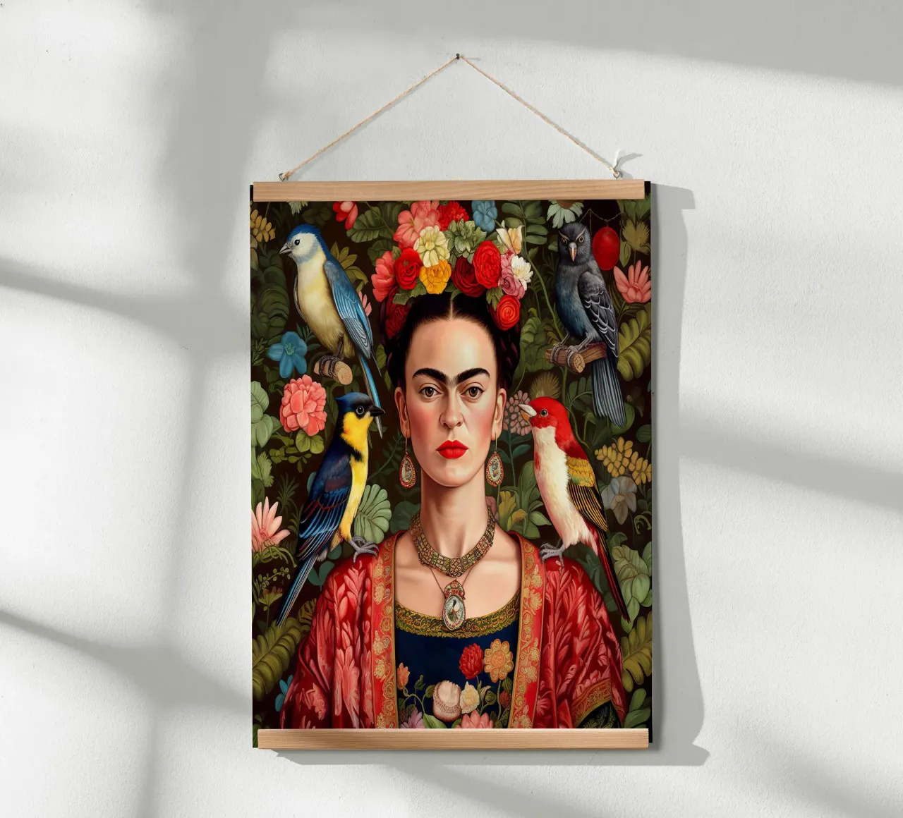 Frida Kahlo con uccelli esotici poster con telaio in legno da David Jackson