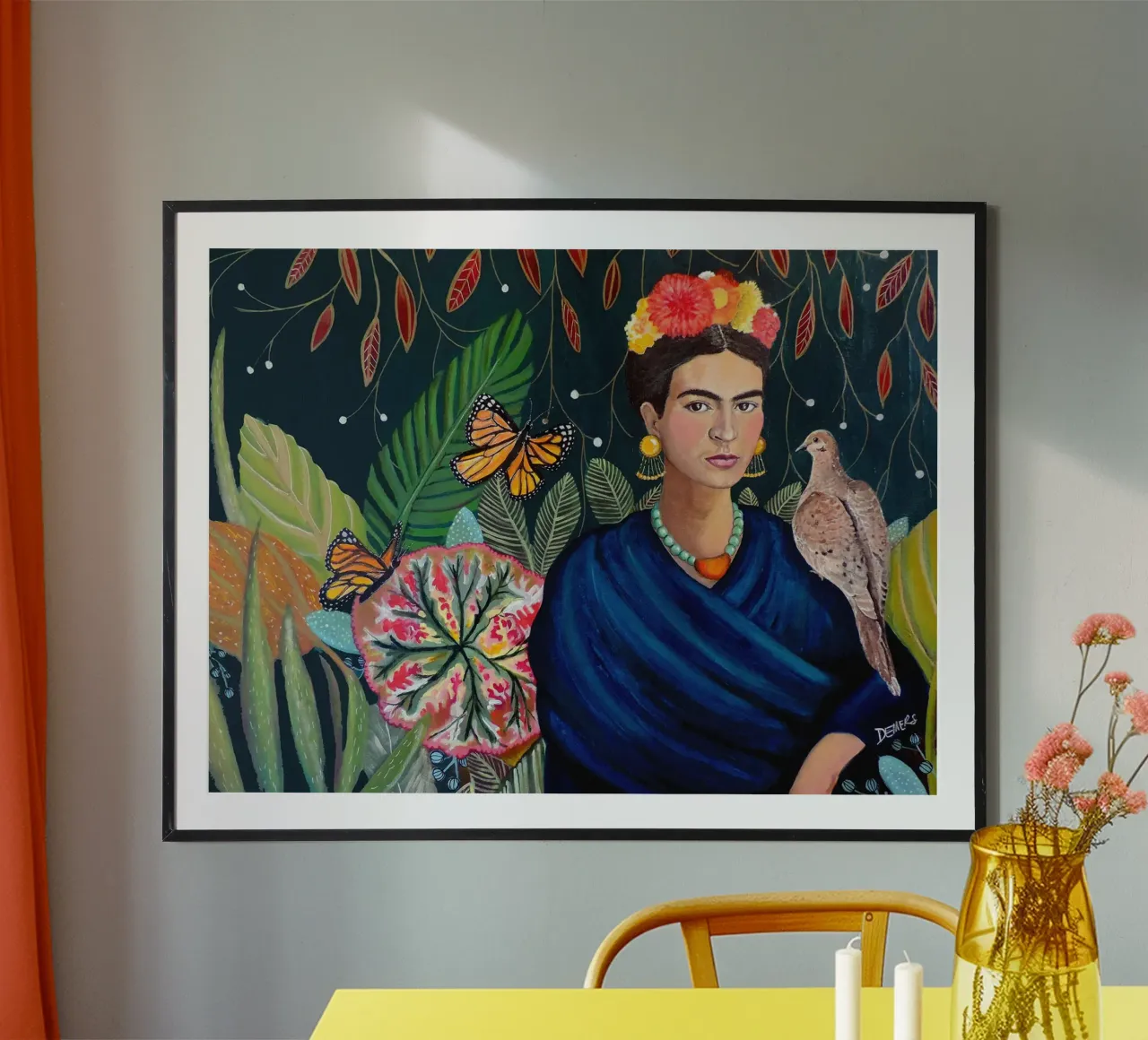 Frida Kahlo con piccione poster con telaio in alluminio da David Jackson
