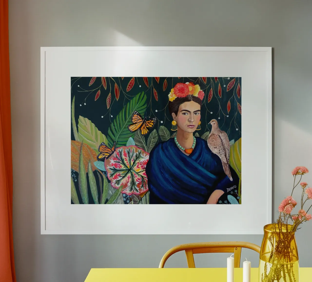 Frida Kahlo con piccione poster con telaio in alluminio da David Jackson
