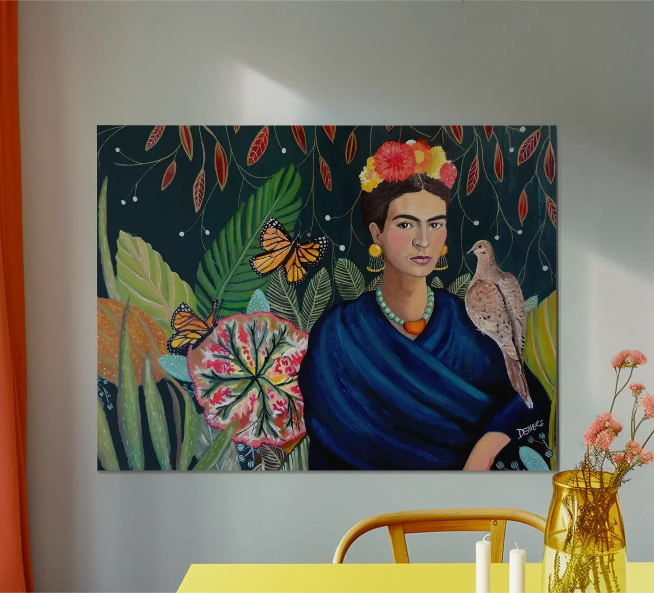 Frida Kahlo con piccione poster con telaio in alluminio da David Jackson