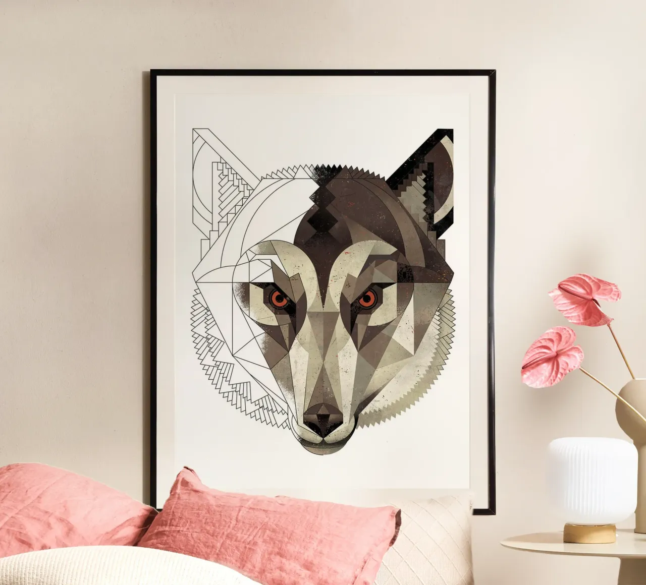 Lupo geometrico poster con telaio in legno da David Jackson