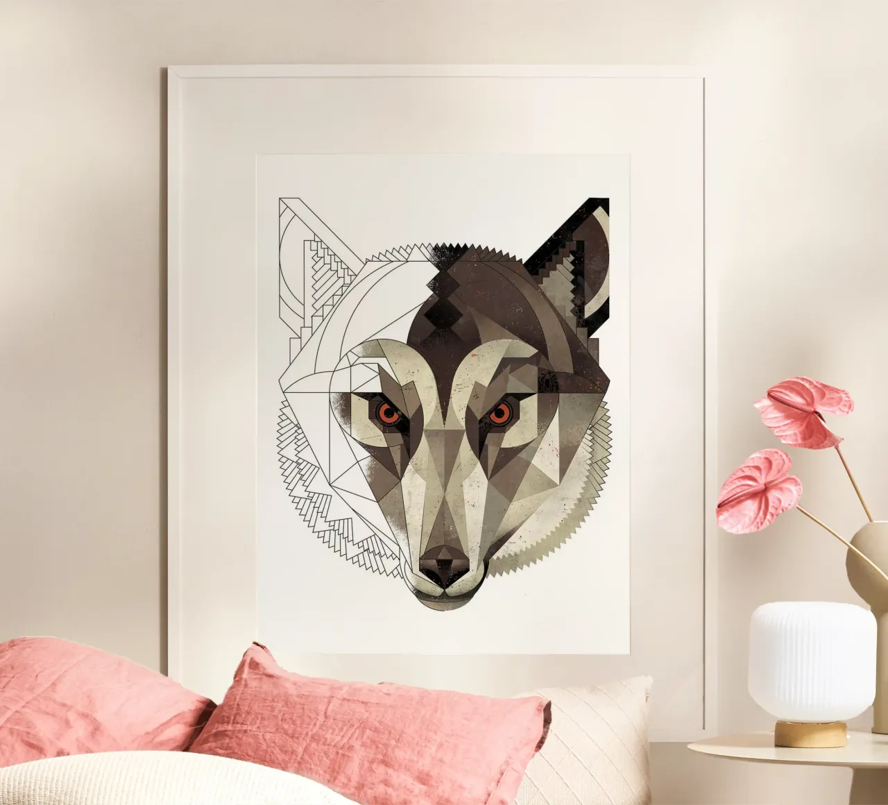 Lupo geometrico poster con telaio in legno da David Jackson