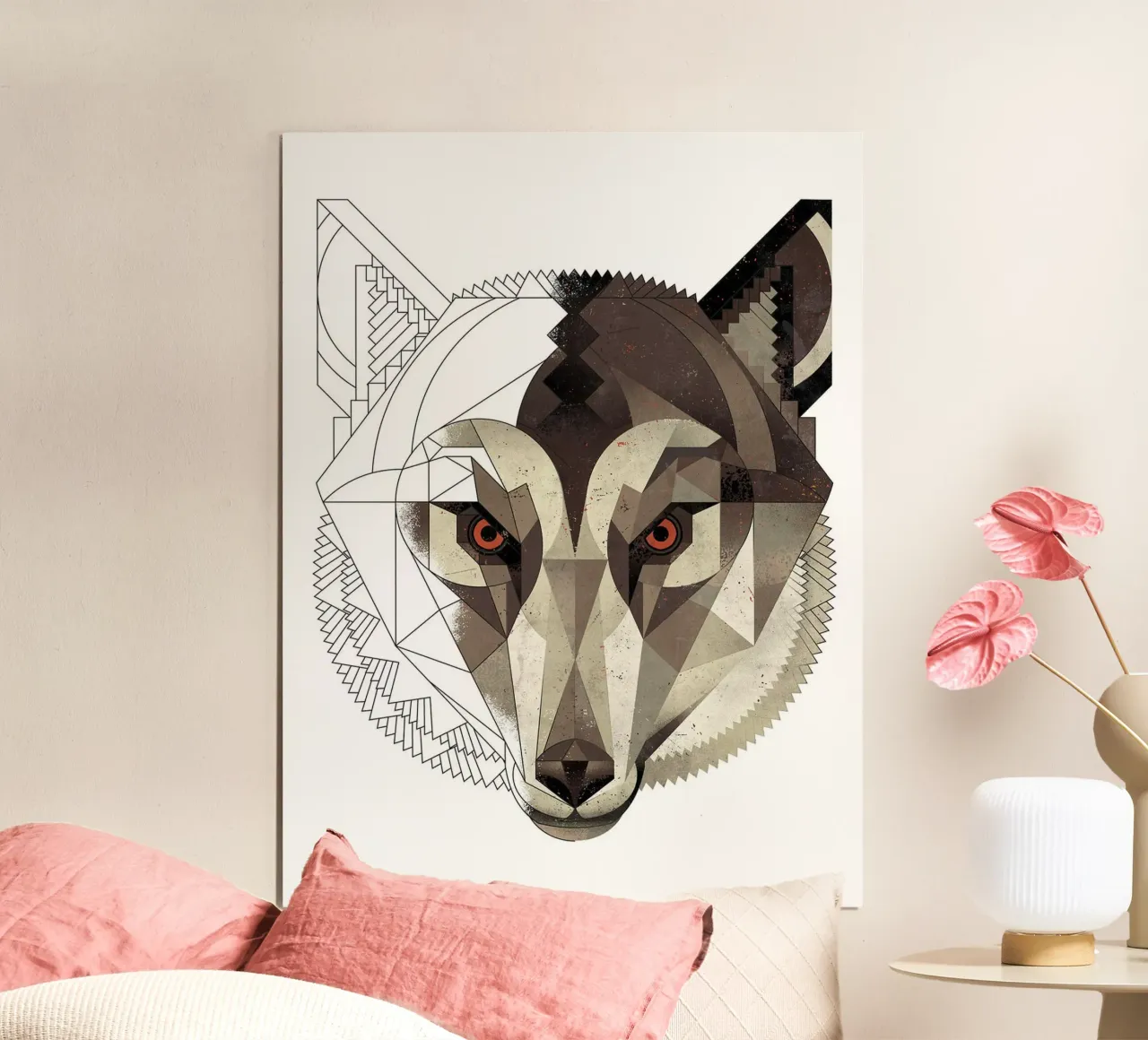 Lupo geometrico poster con telaio in legno da David Jackson